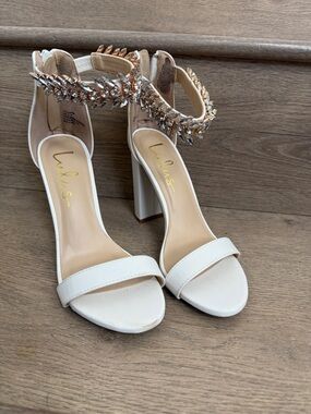 Lulu's White Block Heel Sandals with Crystal Ankle Strap